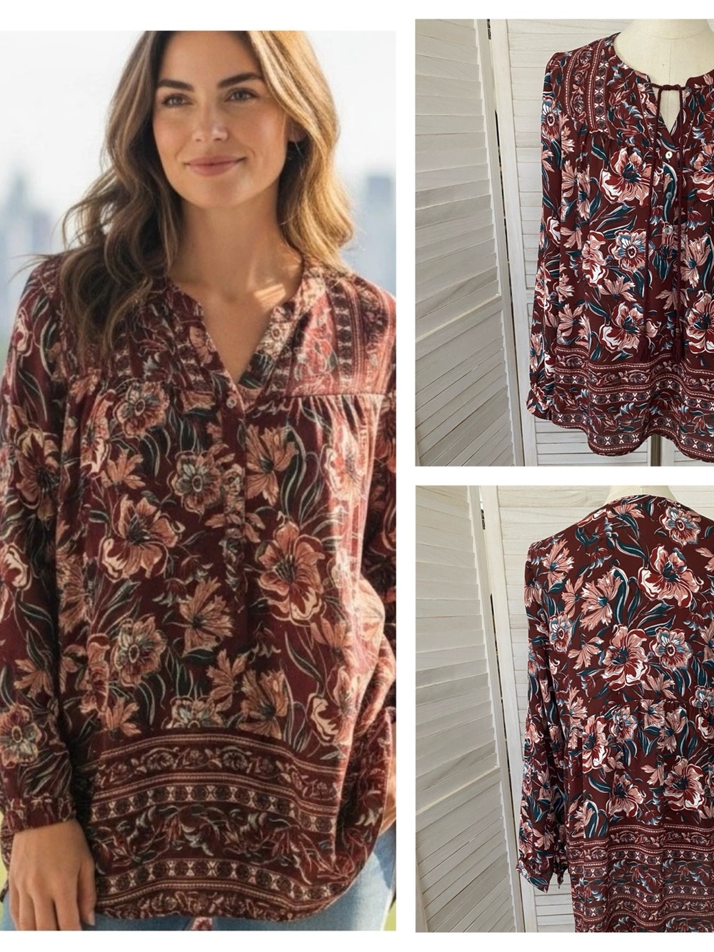 DR2 Burgundy Floral Tie-Front Peasant Blouse SZ M